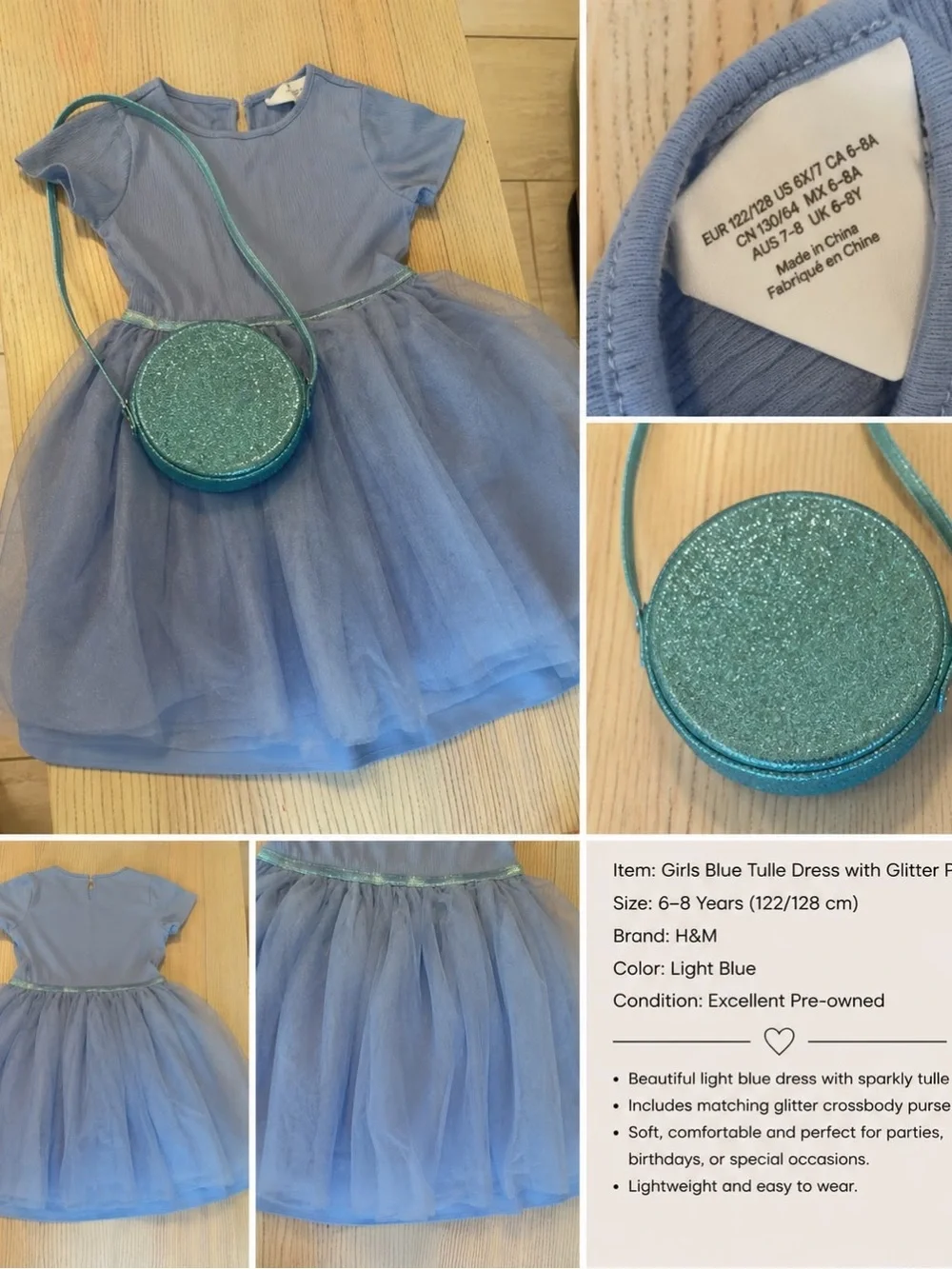 H&M Light Blue Girls Tulle Party Dress with Glitter Crossbody